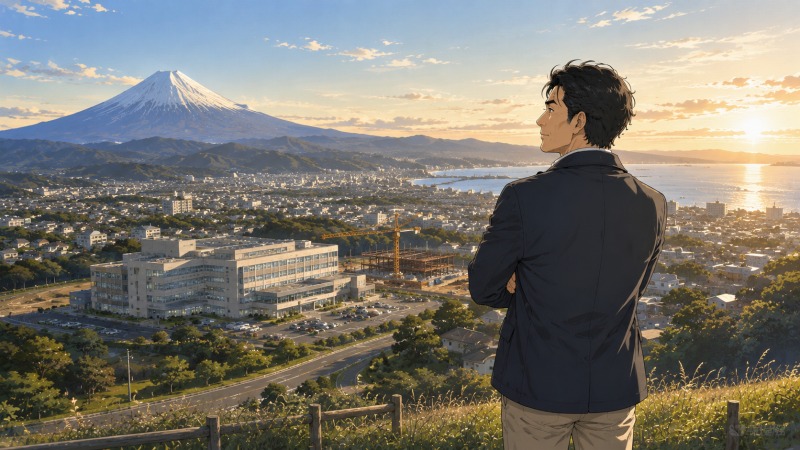 静岡の街並みと富士山を見渡す高台から、新病院建設予定地を見つめる医療事務管理職の43歳男性。銀行員時代の金融知識を活かしながら、地域医療の発展と病院の成長に貢献する未来を描いている場面。