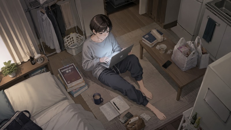 調剤薬局で働く薬剤師が、仕事と家事に追われた休日の夜、愛知県の一人暮らしの部屋でパソコンに向かい、ネットだけを心の支えにしている様子。