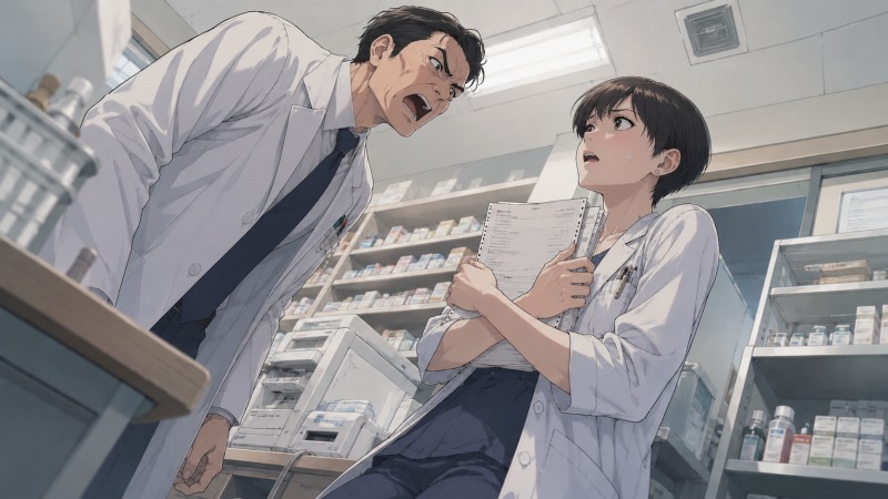 調剤薬局の薬棚の前で、上司の怒声に怯えながら書類を抱える薬剤師の姿。仕事のストレスと限界から転職を考えるきっかけになった場面。