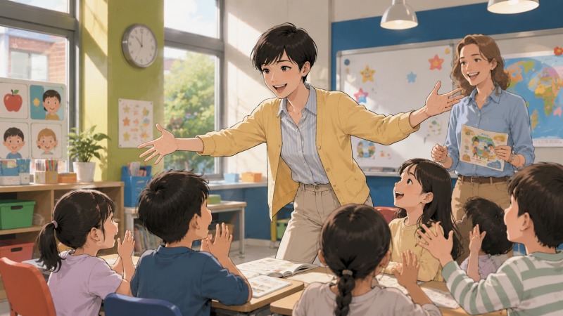 明るい英会話教室で、講師が子どもたちに英語を楽しく教えている授業風景。異業種転職後の温かい職場環境とやりがいが伝わる場面。