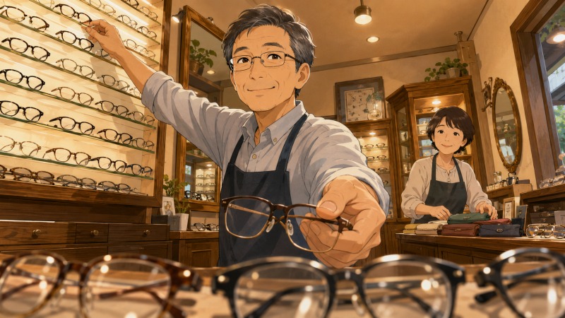 妻と二人で小さな眼鏡店を営む50代男性が、店内の眼鏡フレームを手に取りながら接客している温かな場面。リストラ後に自営業として20年続けた仕事への誇りと、夫婦で支え合ってきた充実した日々を表している。