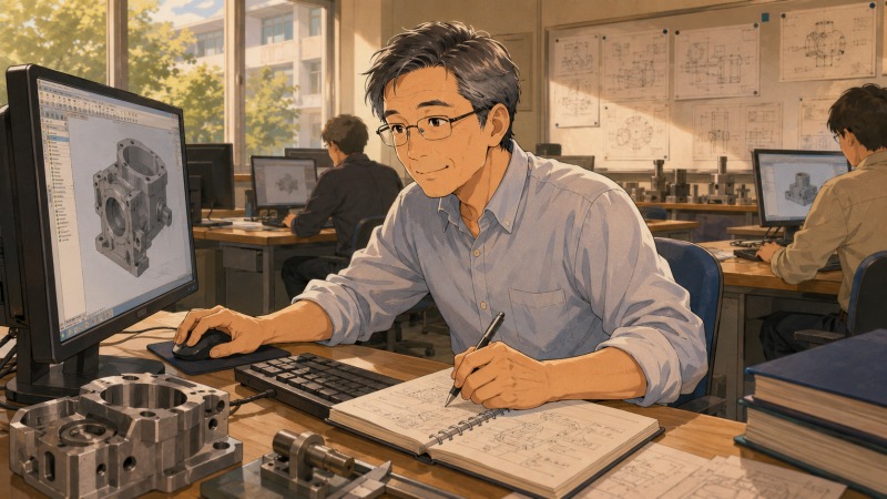 ハローワークの職業訓練校で、45歳の男性がパソコンに向かいCAD/CAMの操作を真剣に学んでいる場面。未経験分野への転職に向けて、町工場で活かせる技術を身につけようと再出発する姿を表している。