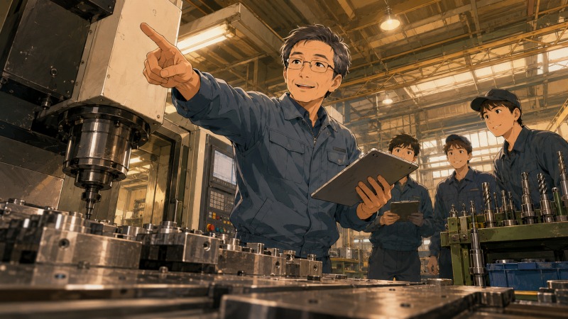 自動車部品を扱う町工場で、50代男性が若手社員に囲まれながらCADの知識を活かして加工機械の作業を指示している場面。未経験に近い異業種転職後、町工場の現場リーダーとして信頼を得ていく姿を描いている。