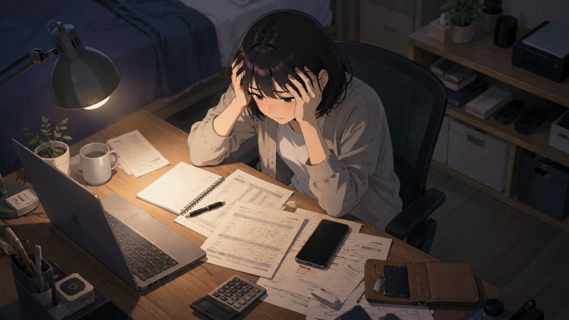 実家の自室で深夜まで転職について悩む女性。机の上にはノートパソコンや書類、スマートフォンが広がり、給与の低さや経営への不安、人間関係のストレスによって転職を決意する直前の心境を表現している。