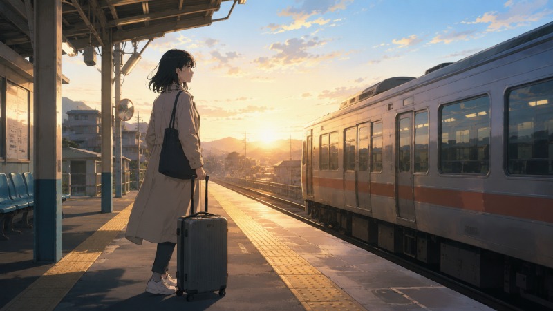 地方駅のホームでキャリーケースを手に列車を待つ女性。地元では希望するIT職の求人が見つからず、東京への上京転職を決断した場面で、不安と期待を抱えながら新たなキャリアへ踏み出す瞬間を描いている。