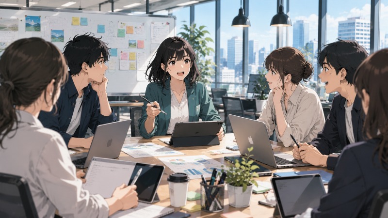 東京のIT企業で企画開発職として働く女性が、同世代のメンバーと活発なプロジェクト会議に参加している様子。前職とは異なり、自由に意見交換できる職場環境の中で、新しい仕事にやりがいと成長を感じている転職成功後の姿を表現している。