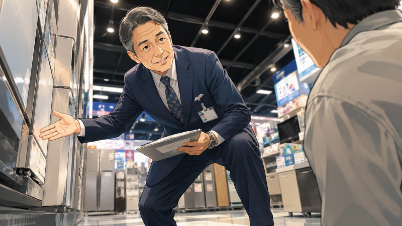 58歳男性の転職体験談。大阪の大手家電メーカーで約40年間勤務した営業担当者が、家電量販店で顧客へ製品提案を行っている様子。長年培った営業経験と仕事への誇り、自信に満ちた会社員時代を表現したシーン。