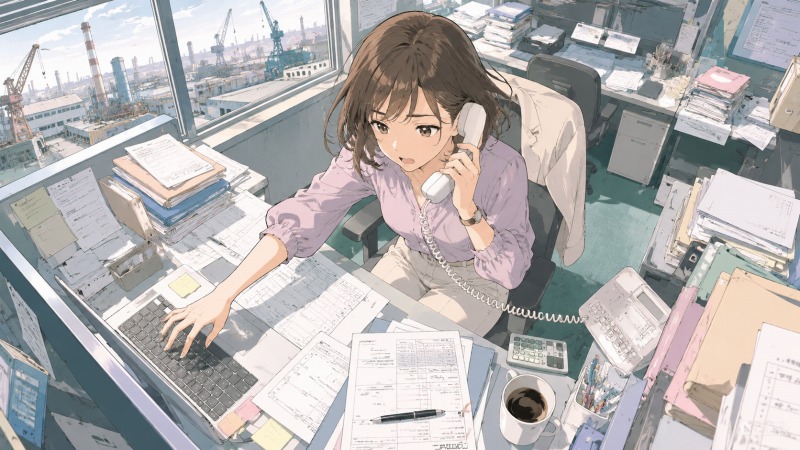 営業事務として働く女性が人員不足の中小鉄鋼会社で多忙な業務に追われる様子。転職前の残業や業務負荷、非効率な職場環境を描いたイラスト。