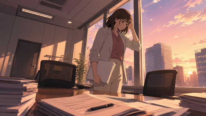 上司の退職と業務負担増加をきっかけに転職を決意する営業事務女性。キャリアの限界を感じる転職前の心境を表現したイラスト。