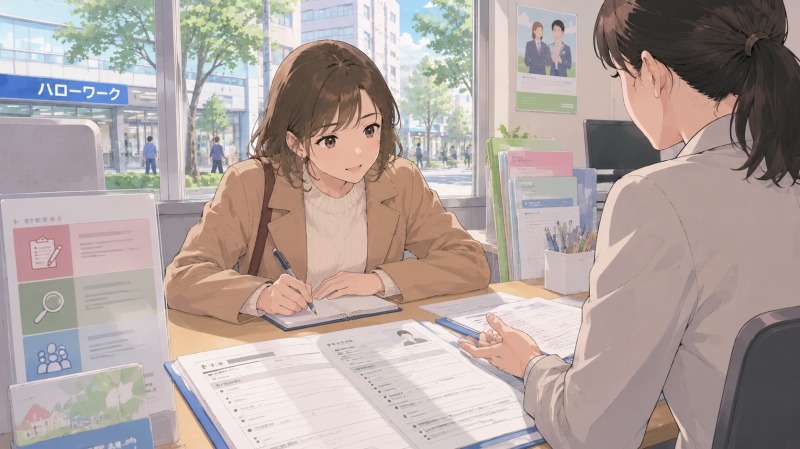 ハローワークで職務経歴書の添削を受けながら転職活動を進める女性。営業事務経験を活かした転職準備の様子を描いたイラスト。