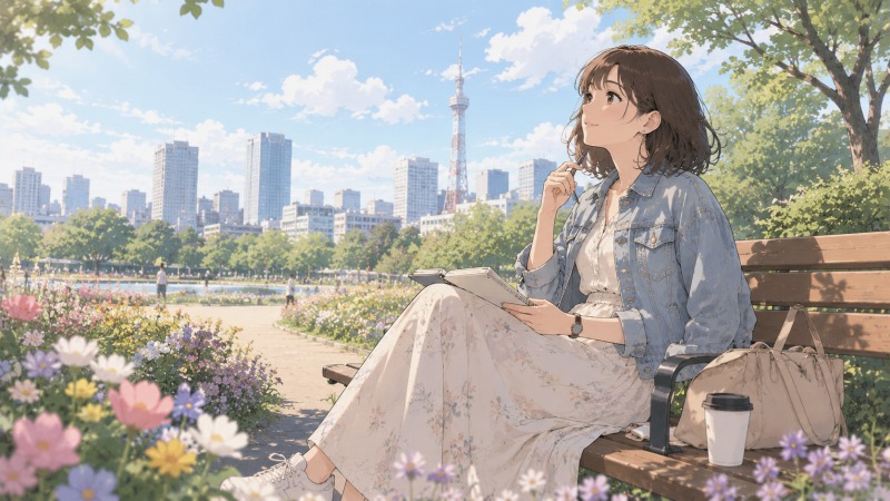 転職経験を振り返りながらキャリアと働き方について考える女性。中小企業と大企業の違いから得た気づきを描いたイラスト。