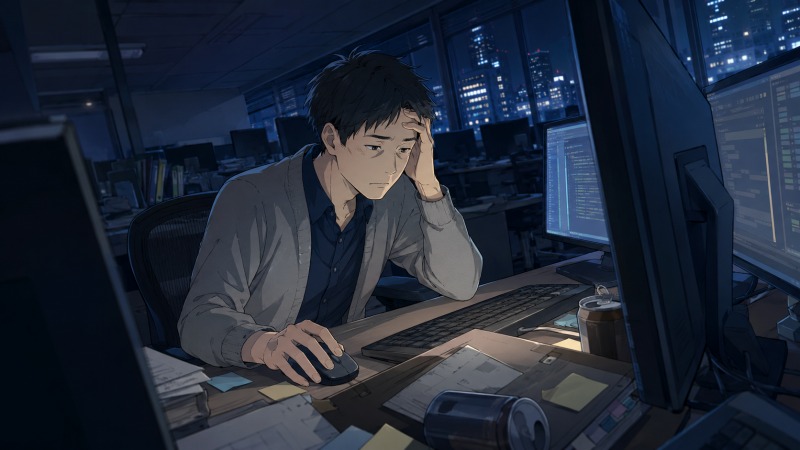 深夜のSI企業オフィスで、36歳の男性プログラマーが疲れた表情でコード画面に向き合い、年収の頭打ちと将来への不安を感じている転職前の場面。