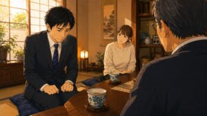 結婚挨拶の居間で、彼女の父から年収について問われた男性プログラマーが緊張した表情でうつむき、キャリアアップ転職を意識するきっかけとなった場面。