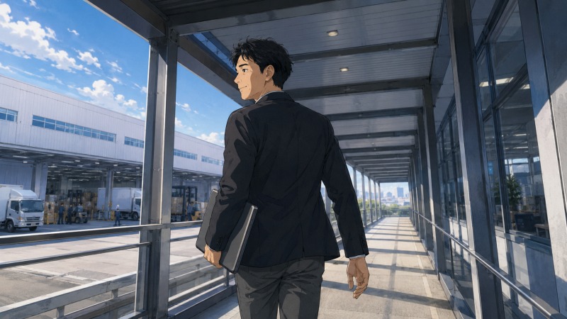 社内SEとして経験を積んだ男性が、物流会社の明るい通路を歩きながら次の業務改善を見据え、転職で広がったキャリアを前向きに振り返っている場面。