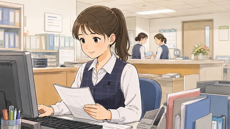 20代の頃の女性医療事務スタッフが、病院の受付事務所でレセプト業務を行っている様子。ポニーテール姿で制服を着た女性が、パソコンと書類に向き合いながら穏やかな表情で働いており、背景には病院受付や同僚スタッフが見える。医療事務として長年働いてきたキャリアの始まりを描いた転職体験談のワンシーン。