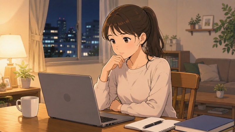 夜の自宅リビングで、ポニーテールの女性がPCを見ながら今後のキャリアや異業種転職について考えている様子。窓の外には夜景が広がり、転職前の不安と挑戦への迷いが伝わる場面。