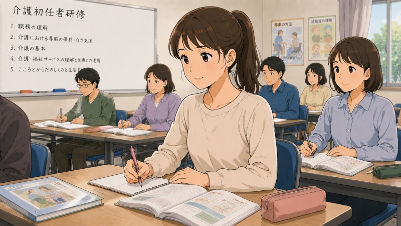介護初任者研修の教室で、ポニーテールの女性が未経験から介護職へ転職するために通学で学んでいる様子。受講生たちと一緒に講師の説明を聞きながら、介護の知識を真剣にノートへ書き込んでいる。