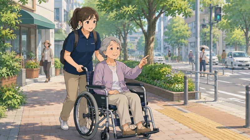 訪問介護の外出支援で、ポニーテールの女性介護士が車椅子の利用者を押しながら街中を散歩している様子。歩道や信号を確認し、事故に注意しながら利用者の外出を支える介護職の仕事風景。