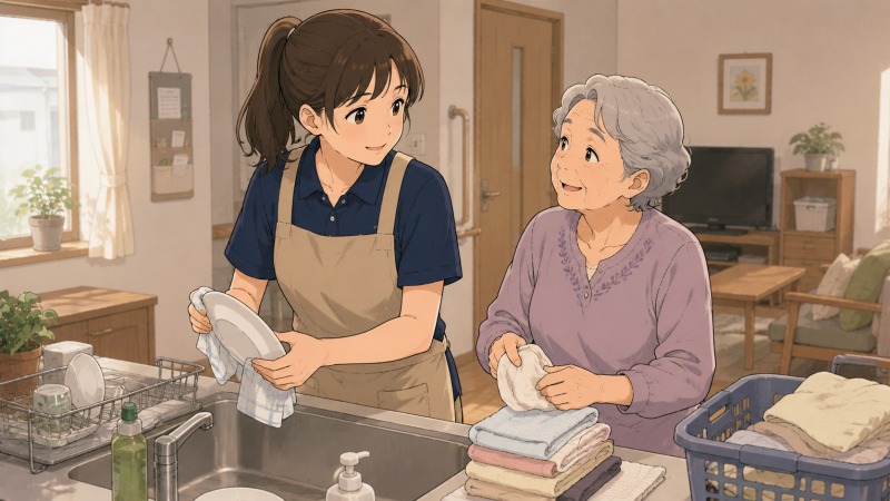 訪問介護の家事介助で、ポニーテールの女性介護士が利用者と会話しながら食器拭きや洗濯物たたみを手伝っている様子。利用者に今の時間を楽しんでもらいたいという思いが伝わる、温かな在宅介護の場面。