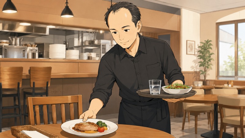 40代の男性接客スタッフが、落ち着いた雰囲気の飲食店で料理を丁寧にテーブルへ運んでいる様子。少し広めのおでこと落ち着いた表情が特徴で、長年サービス業に従事してきた経験や真面目な人柄が伝わるシーン。木目調の店内と柔らかな照明が、接客業の日常と静かな緊張感を表現している。
