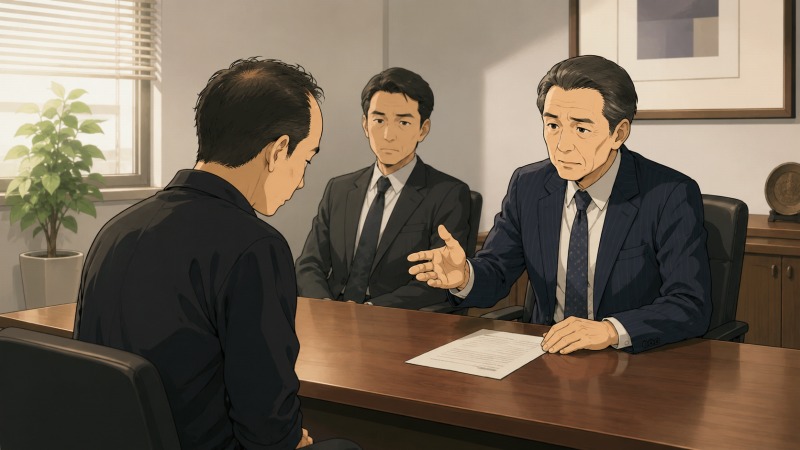 40代男性の接客スタッフが、上司同席の会議室で社長から退職を遠回しに勧められ、うつむきながら話を聞いている場面。リストラや退職勧告を受けた転職体験の重苦しさ、不安、落ち込みが伝わる面談シーン。