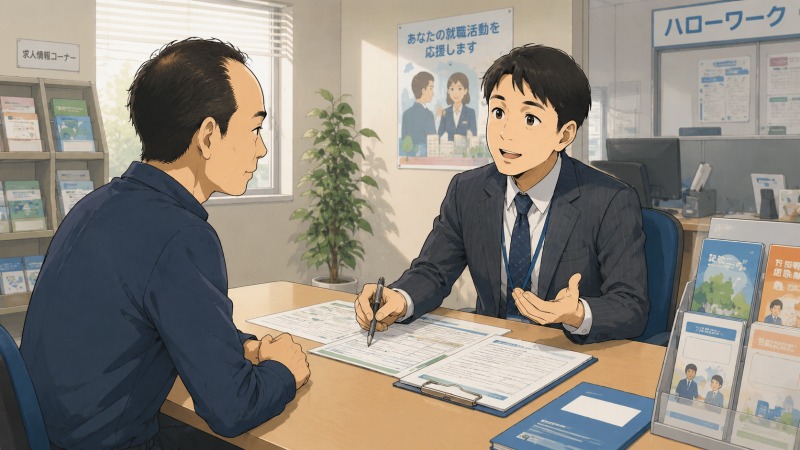 ハローワークの相談ブースで、40代男性が再就職支援員と向き合いながら、自己分析や模擬面接のアドバイスを受けている場面。接客業の経験を活かした転職支援を受け、不安を抱えながらも前向きに再就職活動へ取り組む様子が描かれている。