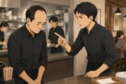 新しい飲食店で働く40代男性スタッフが、年下の先輩から仕事のミスを指摘され、申し訳なさそうに頭を下げている場面。同じ接客業への転職後も、前職と同じ注意を受けて苦しむ様子や、中高年転職者の緊張感と居心地の悪さが伝わるシーン。