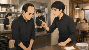 新しい飲食店で働く40代男性スタッフが、年下の先輩から仕事のミスを指摘され、申し訳なさそうに頭を下げている場面。同じ接客業への転職後も、前職と同じ注意を受けて苦しむ様子や、中高年転職者の緊張感と居心地の悪さが伝わるシーン。