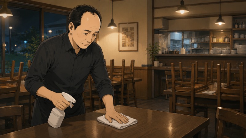 閉店後の静かな飲食店で、40代の男性スタッフが一人でホールのテーブルを丁寧に清掃している場面。暖色の照明に包まれた店内で、「同じことを繰り返さない」という教訓を胸に、自分の過去や仕事への向き合い方を静かに見つめ直している様子が描かれている。