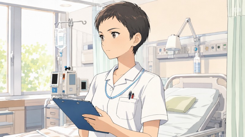 ベリーショートで目元がきりっとした20代女性の看護師が、明るい病室でカルテを持ちながら静かに立っている様子。白衣姿で真剣な表情を浮かべ、看護師として働いていた頃の責任感や職人気質な性格が伝わる、転職前の医療現場のワンシーン。
