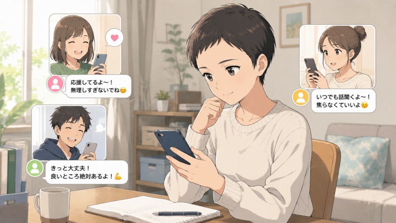 転職活動中の20代女性が自宅でスマートフォンを見つめ、友人たちからの励ましのメッセージに支えられて少し安心した表情を浮かべている場面。