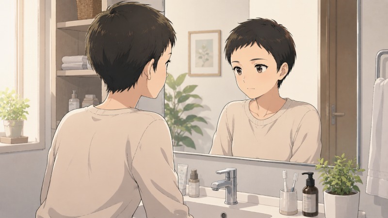 朝の洗面所でベリーショートの20代女性が鏡の中の自分を静かに見つめ、自分の特性や働き方と向き合う時間を大切にしている場面。