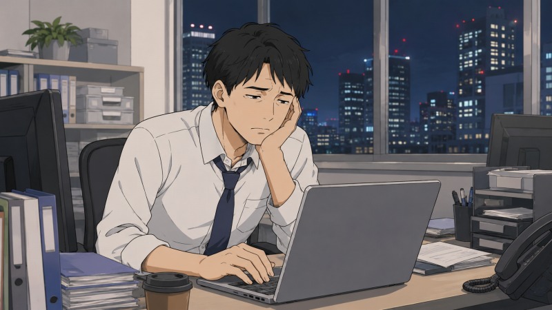 東京のITシステム開発会社で働く40代男性が、夜のオフィスでノートパソコンに向かいながら不満げな表情でデスクワークをしている様子。細身で少したれ目の男性が、書類やモニターに囲まれた都会的な職場で精神的ストレスを抱えながら働く転職前のシーン。