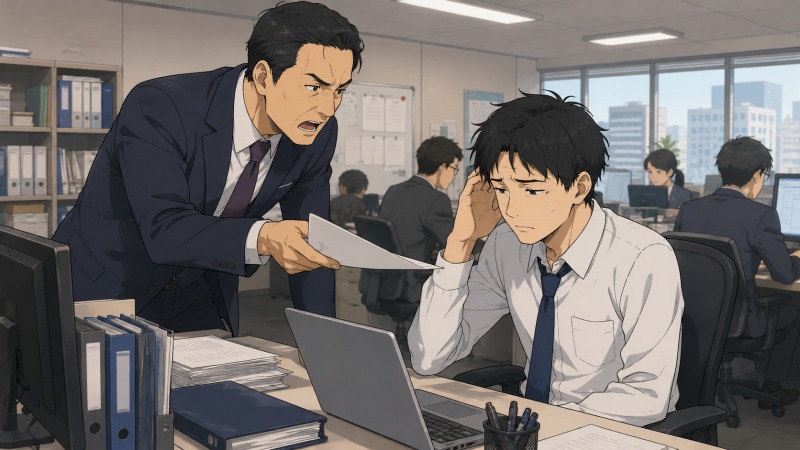 東京のIT企業のオフィスで、上司が部下の男性に厳しい表情で書類を突き付け、無理難題を要求している場面。デスクに座る男性は困惑と疲労をにじませ、上司との確執や職場の人間関係による転職前の精神的ストレスが伝わる。