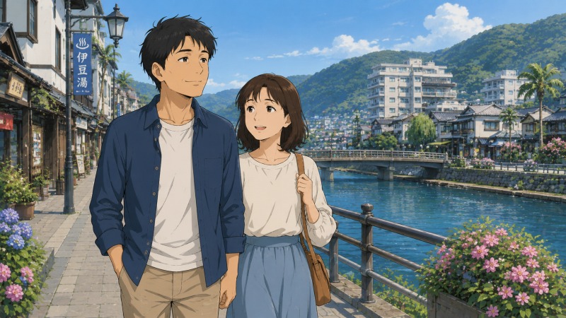 休日に夫婦で伊豆の街並みを歩き、海辺の景色や温泉街の穏やかな雰囲気を楽しんでいる場面。転職後の地方移住により、都会のストレスから離れて妻とスローライフを過ごす様子。