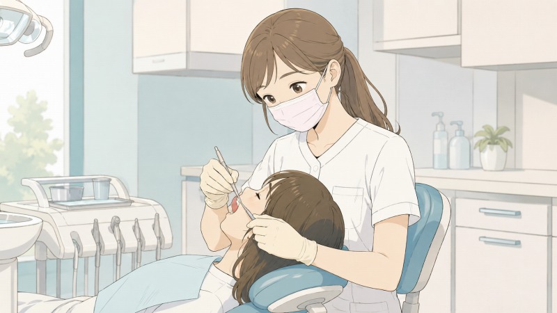 歯科医院で働く歯科衛生士の女性が、診療チェアに座る患者の口腔ケアを丁寧に行っている様子。白い制服とマスク姿で真剣に治療補助を行う姿から、医療現場で働く歯科衛生士の日常業務と責任感が伝わる転職体験談のワンシーン。