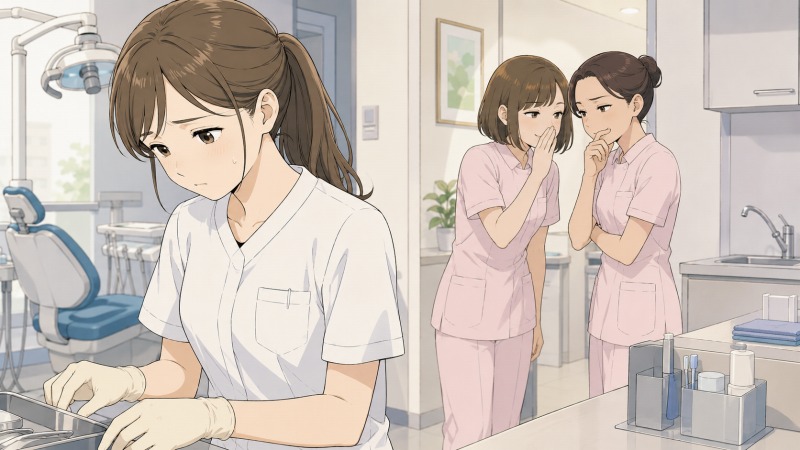 歯科医院の診療室で歯科衛生士の女性が不安そうに器具を片付ける後ろで、歯科助手の同僚たちが陰口を言っている様子。職場の人間関係に悩み、リストラ前の孤立感やストレスが伝わる転職体験談のワンシーン。