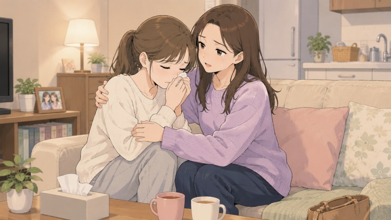 リストラを受けて落ち込む女性が、一人暮らしのアパートで妹に寄り添われながら涙を流している様子。ソファに座った姉妹が抱き合い、転職や人間関係の悩みを支え合う温かな情景から、家族の支えと心の回復が伝わるワンシーン。