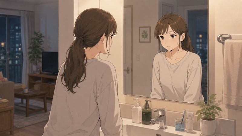 夜に仕事を終えて帰宅した女性が、部屋着姿で洗面台の鏡に映る自分を静かに見つめている様子。転職後も胸に残る不安や疲れと向き合いながら、自分の心を保とうとする歯科衛生士の内省的なワンシーン。