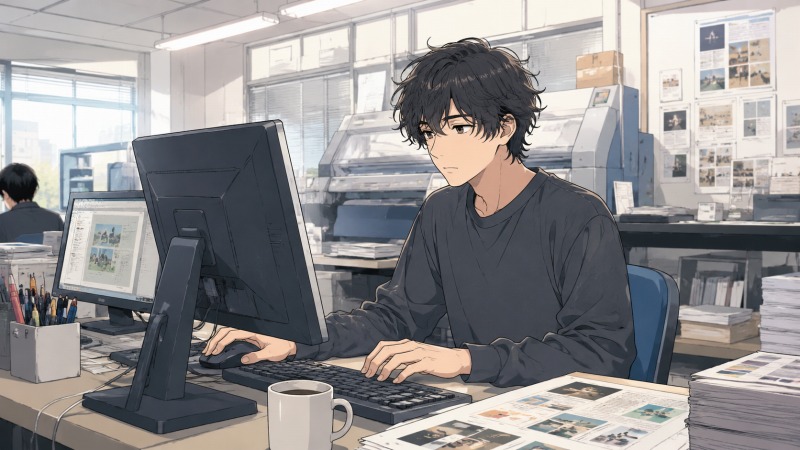 比較的大きな印刷会社で働く30代男性のDTPオペレーターが、印刷機や大量の紙資料に囲まれたオフィスでパソコン作業に集中している様子。もじゃもじゃ頭で内気そうな青年が、静かな緊張感の中でデザインデータを編集しており、印刷業界で働くクリエイターの日常と将来への漠然とした不安が感じられるシーン。