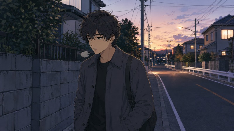 仕事への不満を抱えたDTPオペレーターの男性が、夕暮れの郊外の住宅街を一人で歩きながらため息をついている様子。転職前の迷いや将来への不安が、静かな帰り道の風景と沈んだ表情から伝わるシーン。