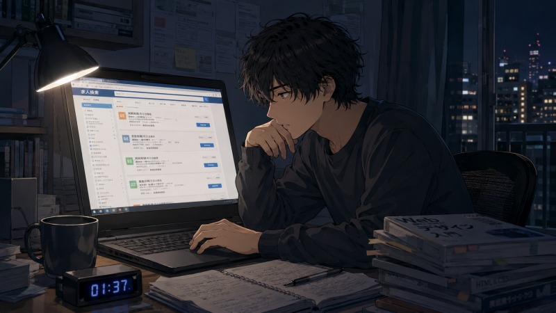 深夜の自宅で、転職を考える男性がPCの求人サイトを見ながらWebデザイナー職の求人を必死に探している様子。机にはノートや参考書が積まれ、未経験からWeb業界へ挑戦する不安と覚悟が伝わるシーン。