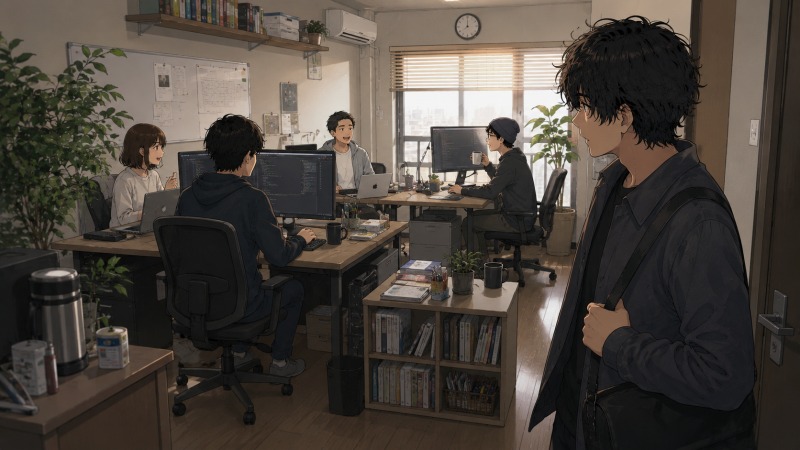 転職後に入社した小さなWeb制作会社で、男性がマンションの一室を使った5名ほどのオフィスを見渡し、以前の大きな印刷会社との違いに戸惑っている様子。自由で距離の近い職場環境にカルチャーショックを受けるシーン。