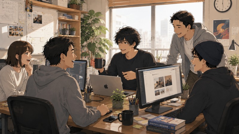 小さなWeb制作会社の明るいオフィスで、男性が職場の仲間たちと談笑しながらWebデザインの仕事に取り組んでいる様子。転職後にWeb業界の自由な雰囲気を楽しみ、前向きに働く姿が伝わるシーン。