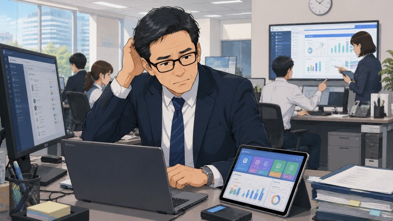 新しい都市銀行の職場で、50代手前の男性銀行員が最新のパソコンやタブレット、デジタル業務ツールに戸惑いながら作業している場面。デジタル化が進む職場環境に追いつけず、不安と焦りを感じるミドル層の転職後の苦労を描いたイラスト。