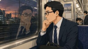 仕事帰りの電車内で、50代の男性銀行員が窓に映る自分の姿を静かに見つめながら物思いにふけっている場面。吸収合併による転職や新しい職場での苦労を経て、自身の頑固さや価値観を見直し始めた心境を表現した転職体験談のイラスト。