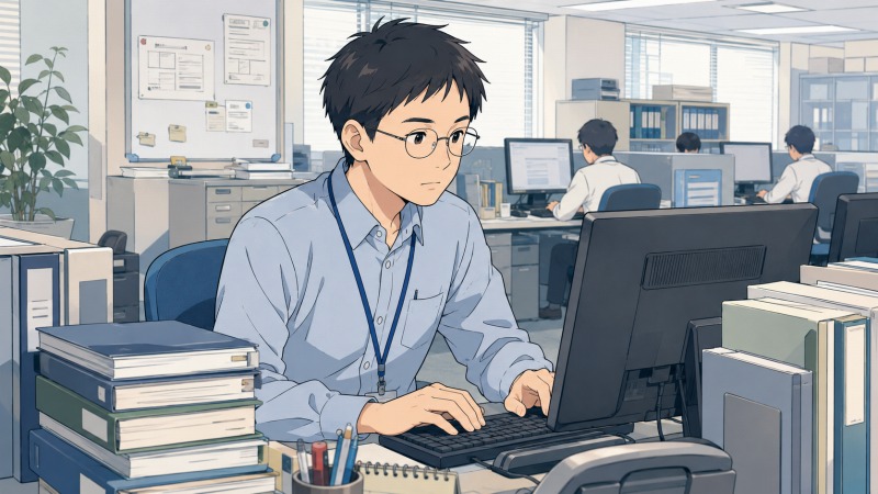 地方銀行向け収益管理システムの開発・保守を担当する40代エンジニアが、静かなオフィスでパソコンに向かい黙々と作業している様子。COBOLを扱う汎用系SEとして、長年システム運用に携わる真面目で実直な働き方が伝わるシーン。