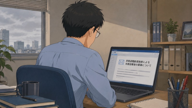 不況で将来への不安が漂うオフィスで、40代エンジニアが早期退職勧奨制度の募集メールをパソコン越しに静かに見つめている後ろ姿。長年勤めた職場への限界と、転職を決意する直前の複雑な心境が伝わるシーン。