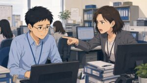 転職後の特許事務所で、社内SEとして働く40代エンジニアが女性リーダーから厳しく叱責されている場面。オープン系開発に苦戦し、職場でのプレッシャーと人間関係の悪化に追い詰められている様子が描かれている。