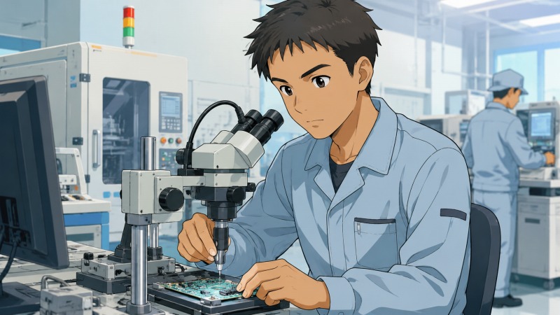 熊本の大手半導体メーカーで働く20代男性技師が、研究設備の整った工場内で精密機器を操作しながら半導体基板を点検している様子。地道な技術職にやりがいを感じながら働いていた転職前の姿を描いたシーン。